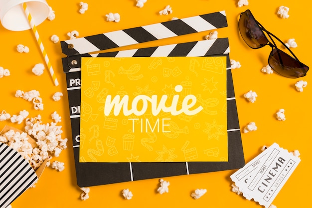 PSD flat lay cinema composition with card mock-up