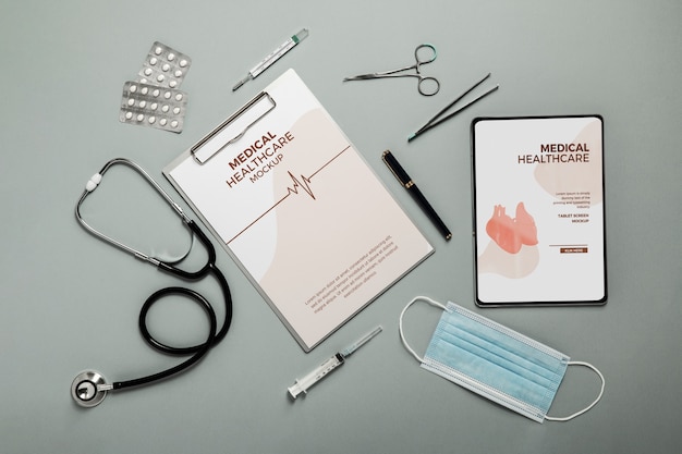 PSD flat lay clipboard and stethoscope