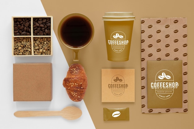 PSD flat lay coffee branding items