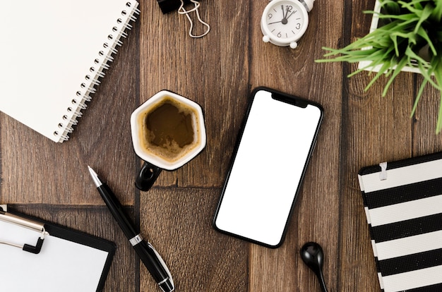 Flat lay coffee and smartphone mock-up