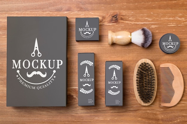flat lay of collection of beard care products