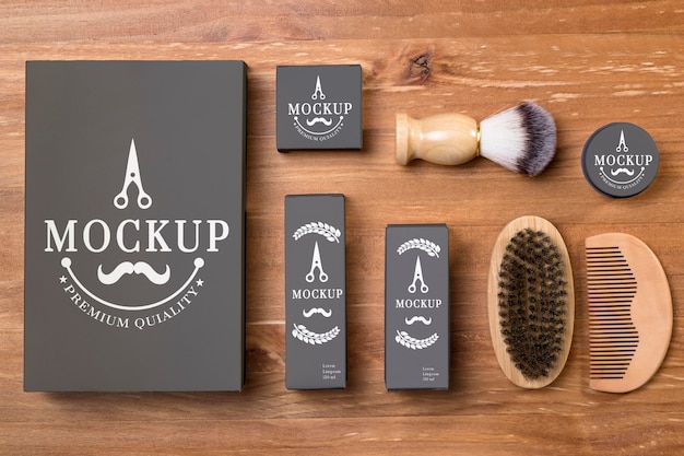 Flat lay of collection of beard care products