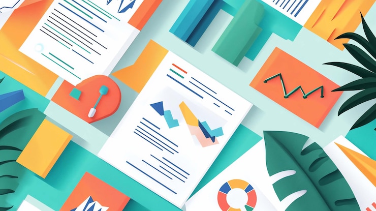 PSD flat lay of colorful documents charts and graphs on a teal background with tropical foliage