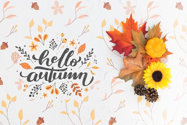 PSD flat lay of colorful leaves and flower