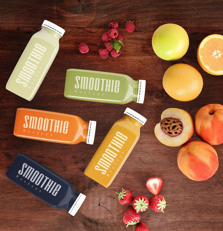 PSD flat lay colorful smoothies next to fruits mock-up