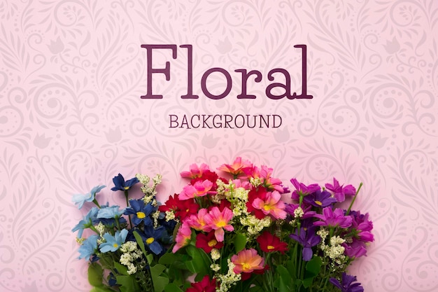 PSD flat lay of colorful spring flowers