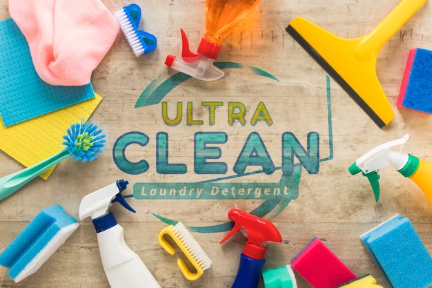flat lay colourful cleaning service equipment