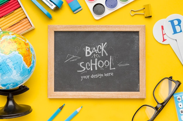 PSD flat lay composition of school supplies