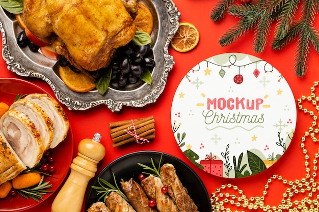 Flat lay of delicious christmas food mock-up