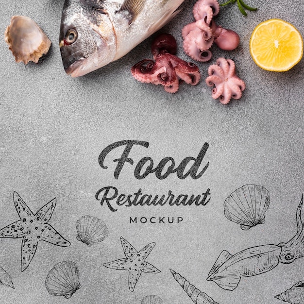 PSD flat lay delicious sea food arrangement with mock-up