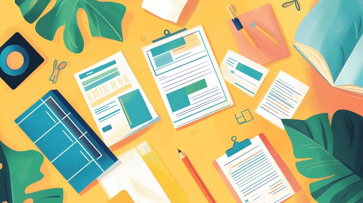 PSD flat lay design mockups of documents business cards and stationery items on a yellow background with tropical leaves
