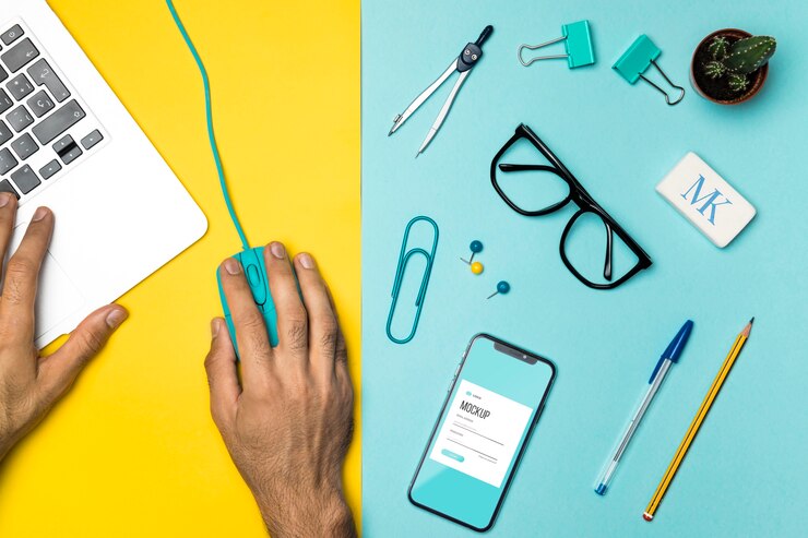 PSD flat lay desk arrangement and devices