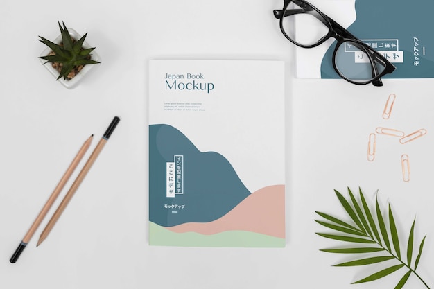 PSD flat lay desk arrangement with book