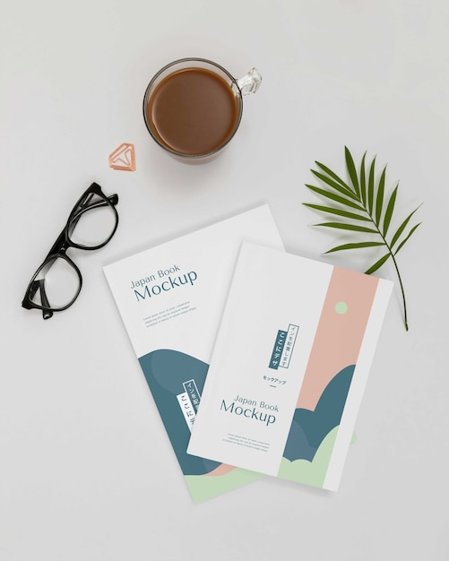 flat lay desk arrangement with japan books