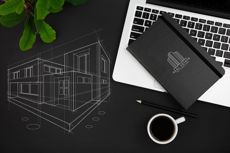 PSD flat lay of desk concept mock-up