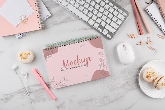 PSD flat lay of elegant and minimal desk