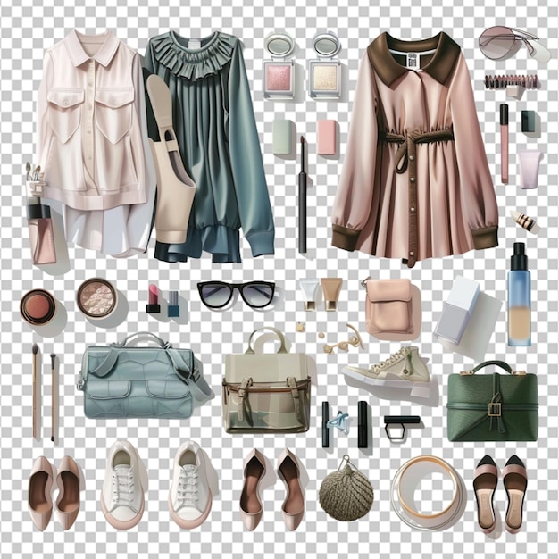 PSD flat lay fashion women clothes set with cosmetics and accessories isolated on a transparent background generative ai on white background