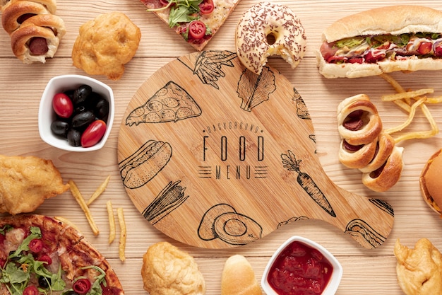 PSD flat lay of fast food on wooden table  mock-up