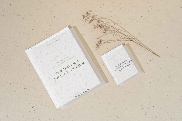 PSD flat lay of filmy wedding invitation mock-up