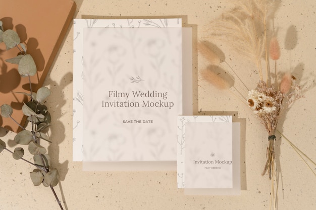 PSD flat lay of filmy wedding invitation mock-up