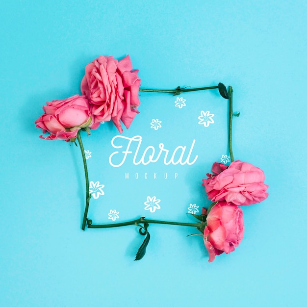 PSD flat lay floral frame pink roses mockup