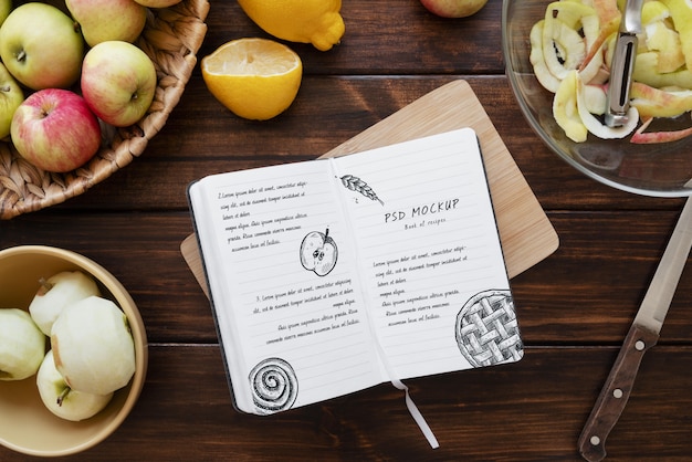 PSD flat lay food and recipe book still life