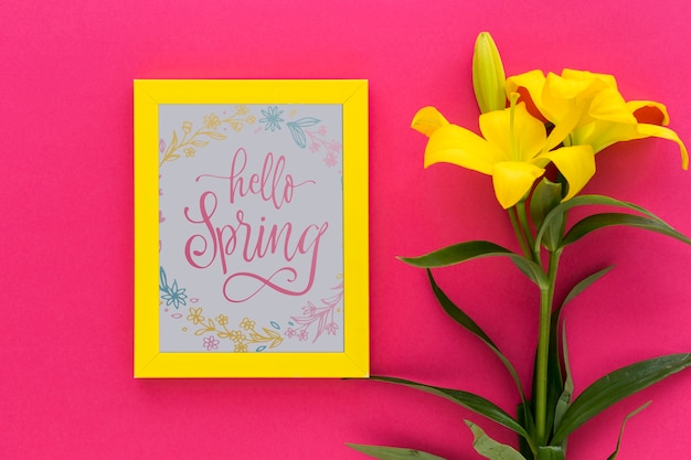 PSD flat lay frame mockup with spring flowers