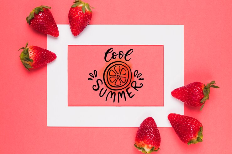 PSD flat lay frame mockup with strawberries