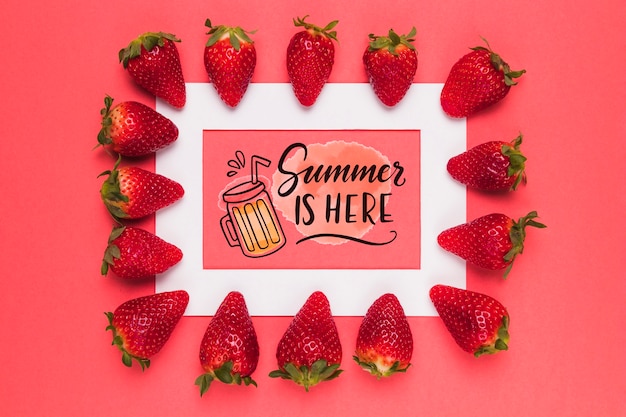 PSD flat lay frame mockup with strawberries