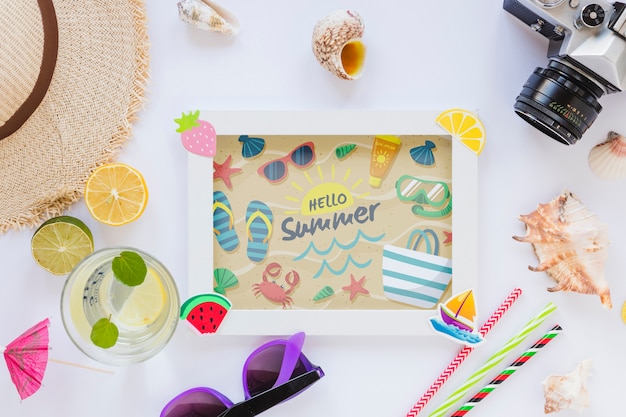 PSD flat lay frame mockup with summer elements