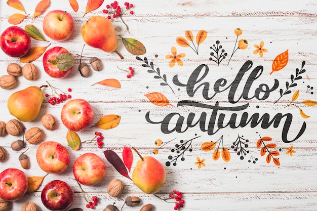 Flat lay frame with fruits on wooden background