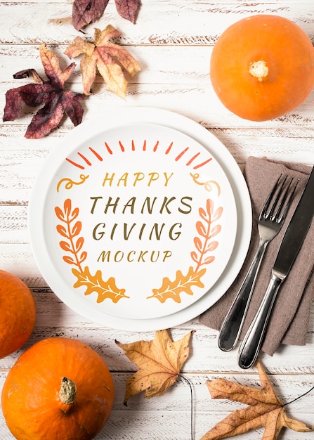 PSD flat lay fruit and dried leaves thanksgiving mock-up