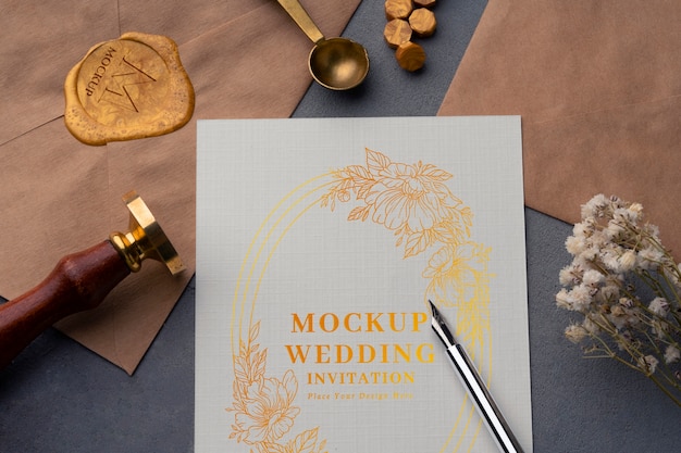 PSD flat lay golden details wedding invitation