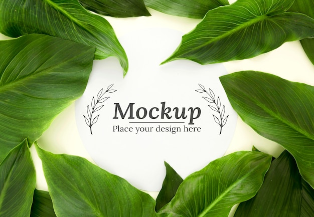 Flat lay green leaves assortment with mock-up