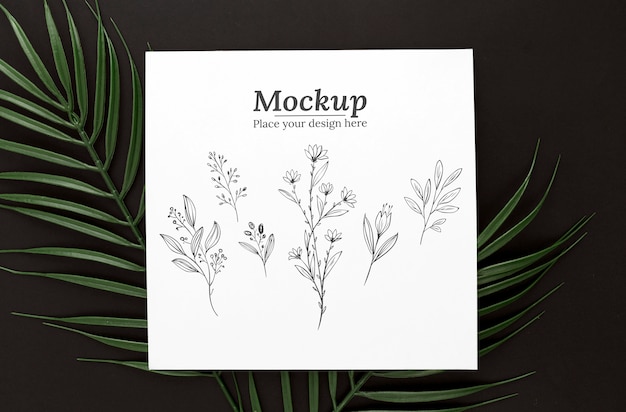 PSD flat lay green leaves with mock-up