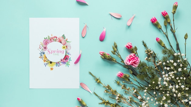 Flat lay greeting card mockup for spring