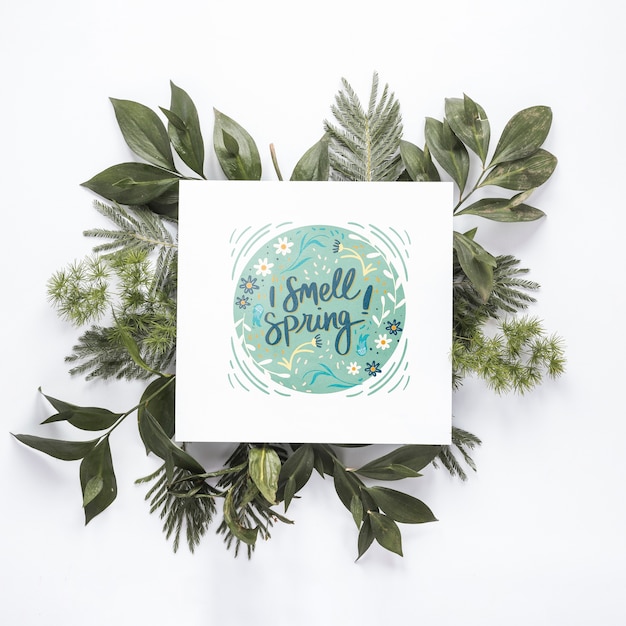 Flat lay greeting card mockup for spring