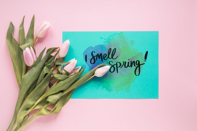 Flat lay greeting card mockup for spring