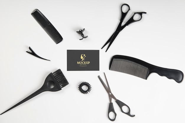 PSD flat lay hairdresser tools arrangement