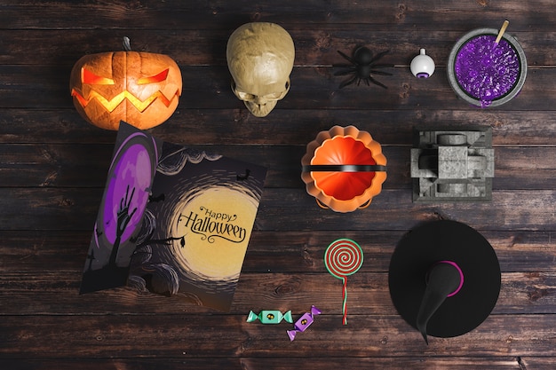 flat lay of halloween elements on wooden background
