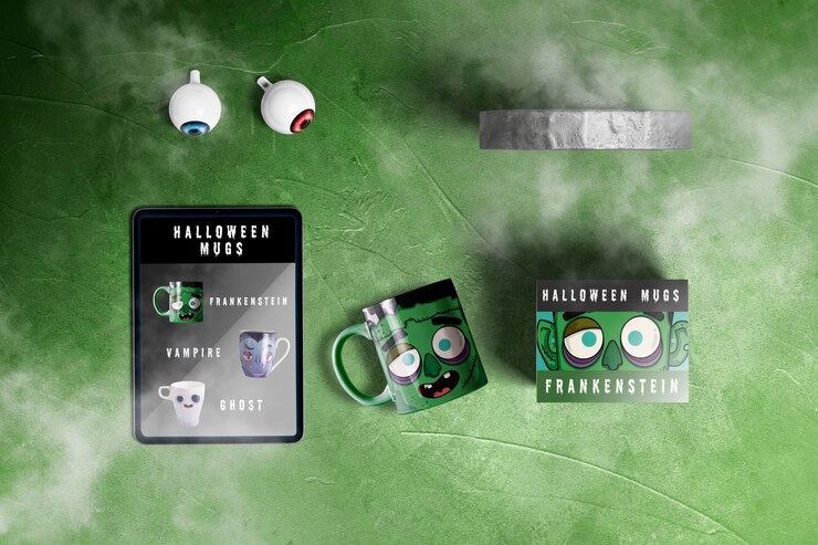 PSD flat lay of halloween frankenstein monster concept