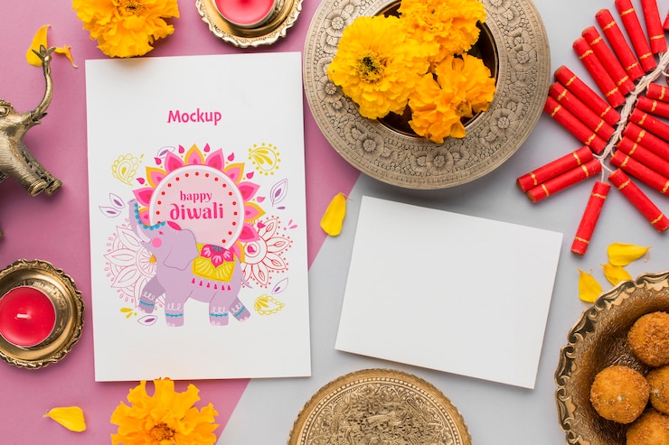 PSD flat lay happy diwali festival mock-up copy space greeting card