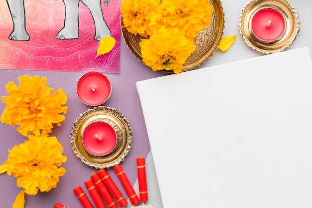 PSD flat lay happy diwali festival mock-up copy space