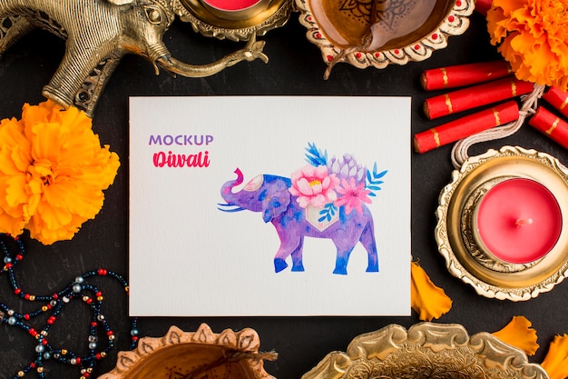 Flat lay happy diwali festival mock-up elephant drawing