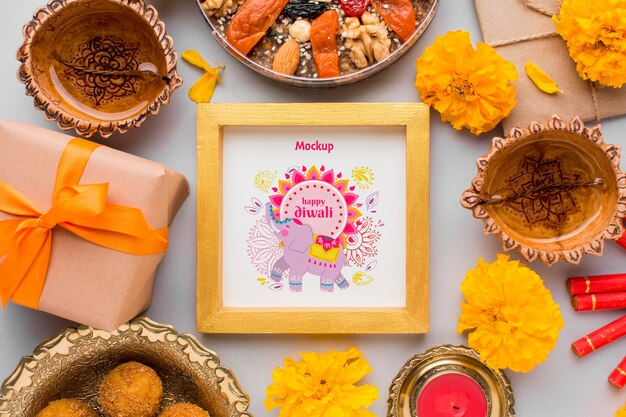 PSD mock-up di festival di diwali felice piatto laici con fiori