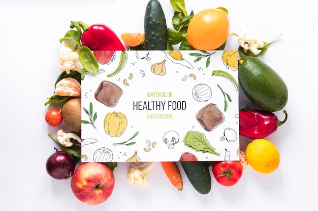 PSD flat lay of healthy food with card mockup