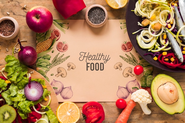 Flat lay of healthy food with card mockup