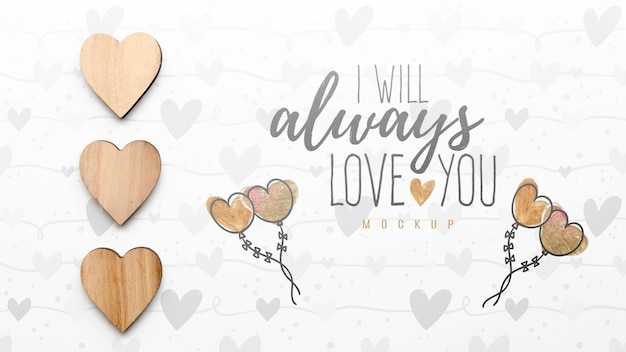 PSD flat lay of hearts and heart-shaped balloons