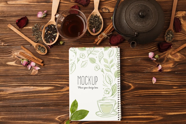 PSD flat lay of herbal tea concept mock-up