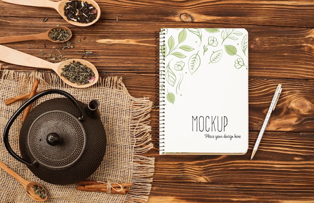 PSD flat lay of herbal tea concept mock-up